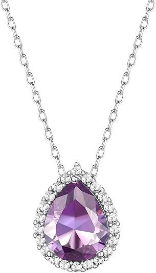 Sparkling 925 Sterling Silver Birthstone Necklaces for Women, Created Heart/Round/Teardrop/Square Crystal Solitaire Pendant Diamond Necklace, Great Birthday/Anniversary/Wedding Gifts
