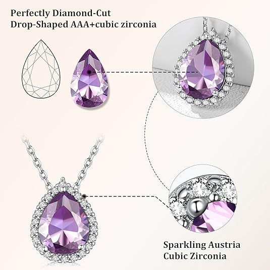Sparkling 925 Sterling Silver Birthstone Necklaces for Women, Created Heart/Round/Teardrop/Square Crystal Solitaire Pendant Diamond Necklace, Great Birthday/Anniversary/Wedding Gifts