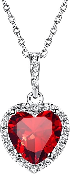 Sparkling 925 Sterling Silver Birthstone Necklaces for Women, Created Heart/Round/Teardrop/Square Crystal Solitaire Pendant Diamond Necklace, Great Birthday/Anniversary/Wedding Gifts