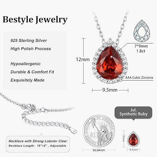 Sparkling 925 Sterling Silver Birthstone Necklaces for Women, Created Heart/Round/Teardrop/Square Crystal Solitaire Pendant Diamond Necklace, Great Birthday/Anniversary/Wedding Gifts