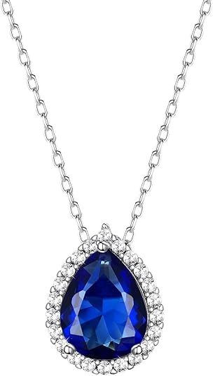 Sparkling 925 Sterling Silver Birthstone Necklaces for Women, Created Heart/Round/Teardrop/Square Crystal Solitaire Pendant Diamond Necklace, Great Birthday/Anniversary/Wedding Gifts