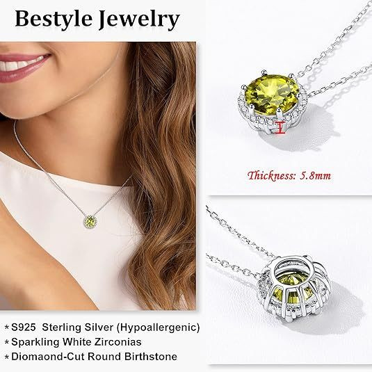 Sparkling 925 Sterling Silver Birthstone Necklaces for Women, Created Heart/Round/Teardrop/Square Crystal Solitaire Pendant Diamond Necklace, Great Birthday/Anniversary/Wedding Gifts