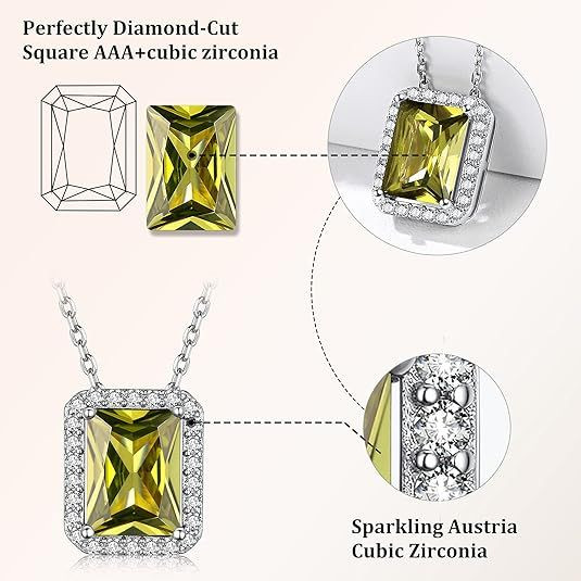 Sparkling 925 Sterling Silver Birthstone Necklaces for Women, Created Heart/Round/Teardrop/Square Crystal Solitaire Pendant Diamond Necklace, Great Birthday/Anniversary/Wedding Gifts