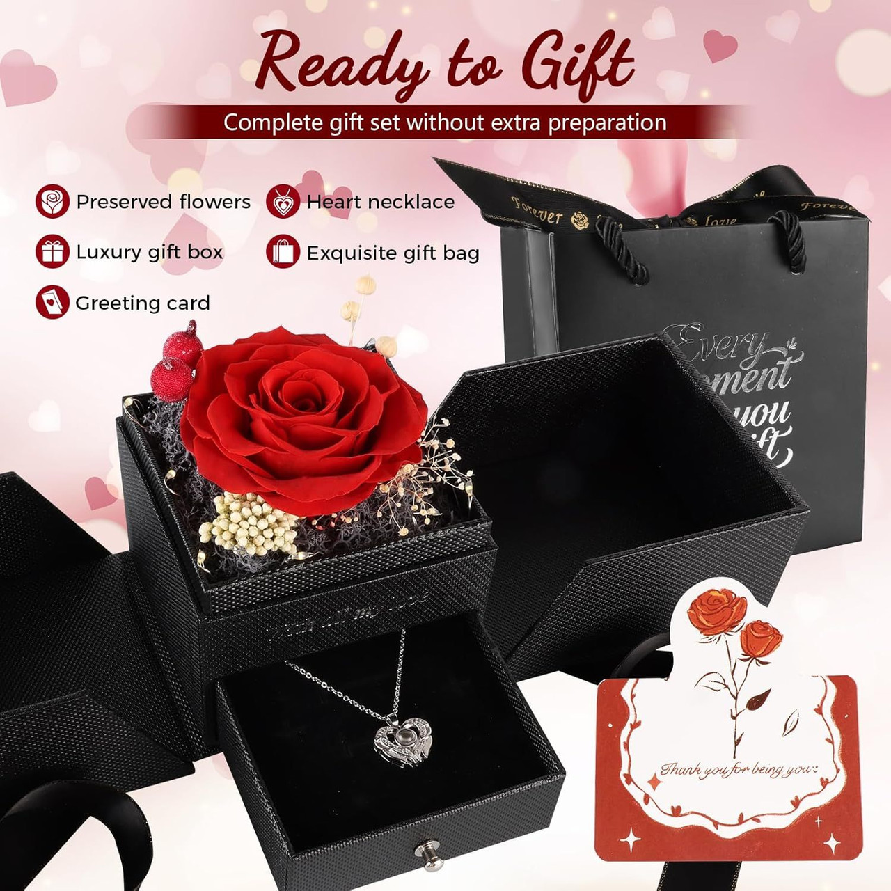 Preserved Real Rose Gift Box with Heart Necklace, Romantic Gifts for Wife, Mom, Girlfriend, Women, I Love You Eternal Flowers Rose Gift Set for Mother's Day, Anniversary