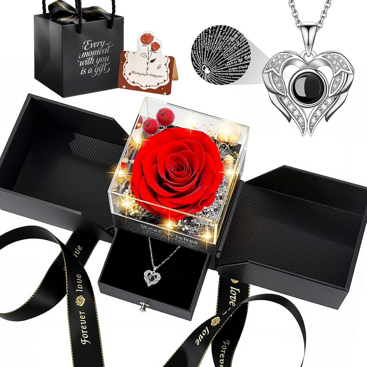 Preserved Real Rose Gift Box with Heart Necklace, Romantic Gifts for Wife, Mom, Girlfriend, Women, I Love You Eternal Flowers Rose Gift Set for Mother's Day, Anniversary