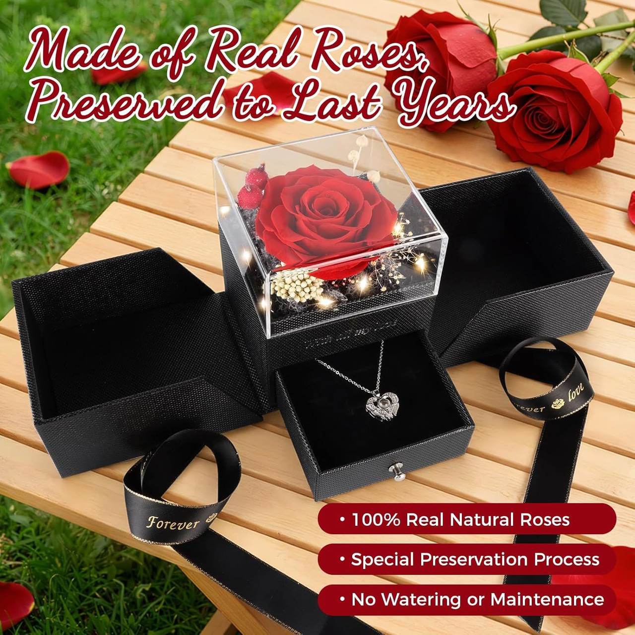 Preserved Real Rose Gift Box with Heart Necklace, Romantic Gifts for Wife, Mom, Girlfriend, Women, I Love You Eternal Flowers Rose Gift Set for Mother's Day, Anniversary