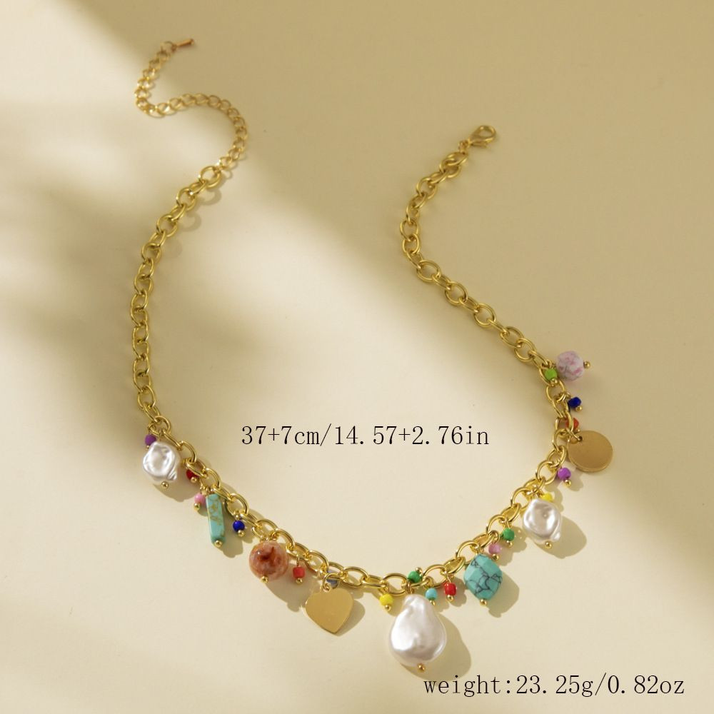 Elegant Natural Stone Rice Bead Shell Pendant Necklace for Women, Colorful Alloy Geometric Jewelry, Trendy Clavicle Chain, Perfect Festival Accessories & Gift