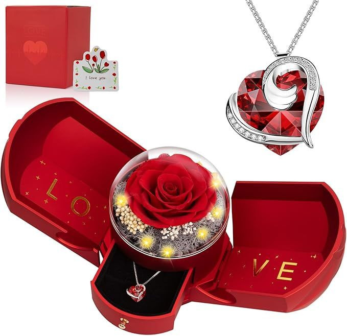 Preserved Real Red Rose with Necklace Forever Flowers Rose Birthday Gifts for Women