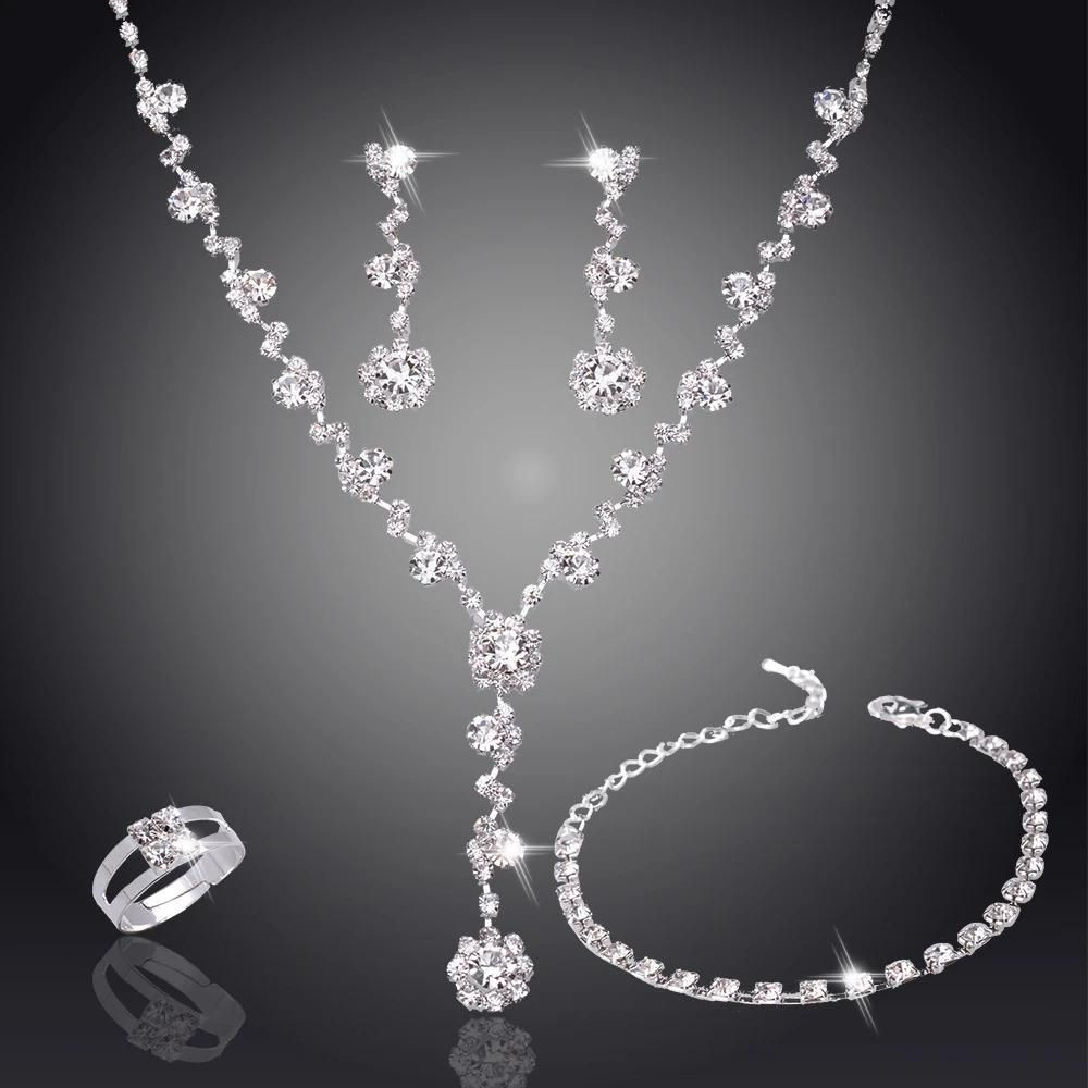 5Pcs Women's Fashion Necklace Rings Earrings and Bracelet Set for Wedding Jewelry Luxury artificial Crystal inlaid Necklace Ladies Jewelry Sets for Bridal