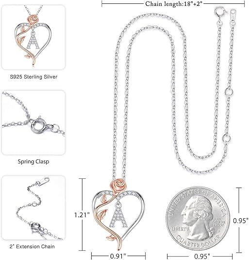 Easter Gifts for Women Wife - 925 Sterling Silver Rose Heart Initial Necklace, Anniversary Birthday Gifts for Women, Jewelry Gift for Her Wife Girlfriend