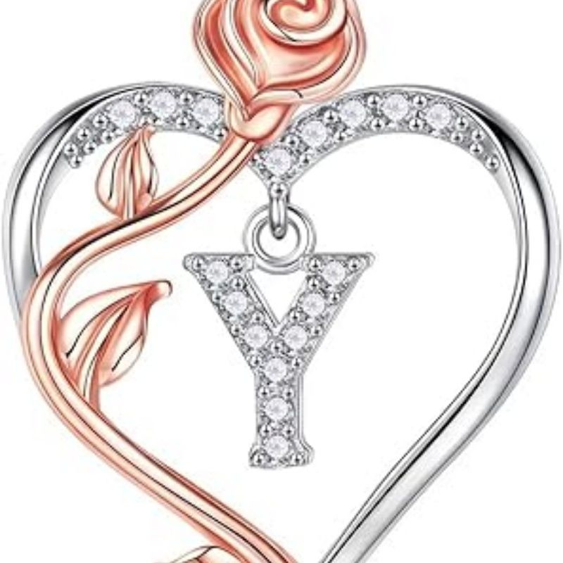 Easter Gifts for Women Wife - 925 Sterling Silver Rose Heart Initial Necklace, Anniversary Birthday Gifts for Women, Jewelry Gift for Her Wife Girlfriend