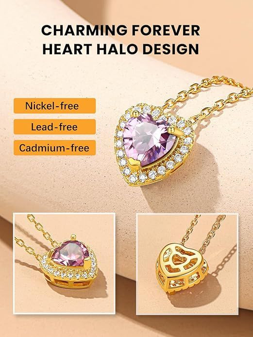 Sparkling 925 Sterling Silver Birthstone Necklaces for Women, Created Heart/Round/Teardrop/Square Crystal Solitaire Pendant Diamond Necklace, Great Birthday/Anniversary/Wedding Gifts