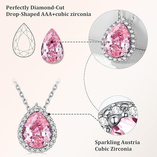 Sparkling 925 Sterling Silver Birthstone Necklaces for Women, Created Heart/Round/Teardrop/Square Crystal Solitaire Pendant Diamond Necklace, Great Birthday/Anniversary/Wedding Gifts