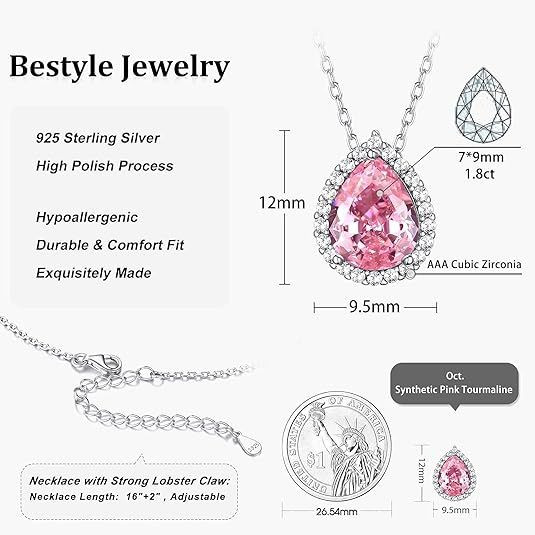 Sparkling 925 Sterling Silver Birthstone Necklaces for Women, Created Heart/Round/Teardrop/Square Crystal Solitaire Pendant Diamond Necklace, Great Birthday/Anniversary/Wedding Gifts