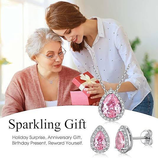 Sparkling 925 Sterling Silver Birthstone Necklaces for Women, Created Heart/Round/Teardrop/Square Crystal Solitaire Pendant Diamond Necklace, Great Birthday/Anniversary/Wedding Gifts