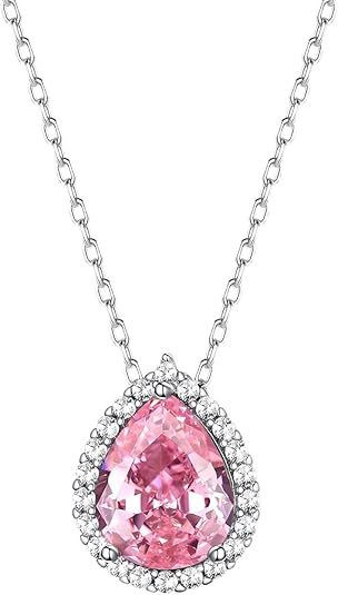 Sparkling 925 Sterling Silver Birthstone Necklaces for Women, Created Heart/Round/Teardrop/Square Crystal Solitaire Pendant Diamond Necklace, Great Birthday/Anniversary/Wedding Gifts
