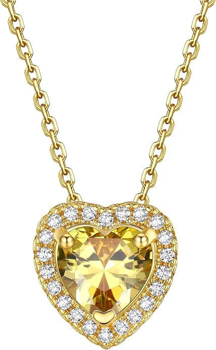 Sparkling 925 Sterling Silver Birthstone Necklaces for Women, Created Heart/Round/Teardrop/Square Crystal Solitaire Pendant Diamond Necklace, Great Birthday/Anniversary/Wedding Gifts