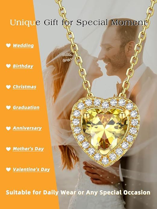 Sparkling 925 Sterling Silver Birthstone Necklaces for Women, Created Heart/Round/Teardrop/Square Crystal Solitaire Pendant Diamond Necklace, Great Birthday/Anniversary/Wedding Gifts