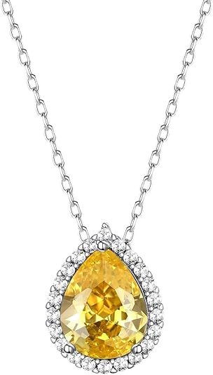 Sparkling 925 Sterling Silver Birthstone Necklaces for Women, Created Heart/Round/Teardrop/Square Crystal Solitaire Pendant Diamond Necklace, Great Birthday/Anniversary/Wedding Gifts