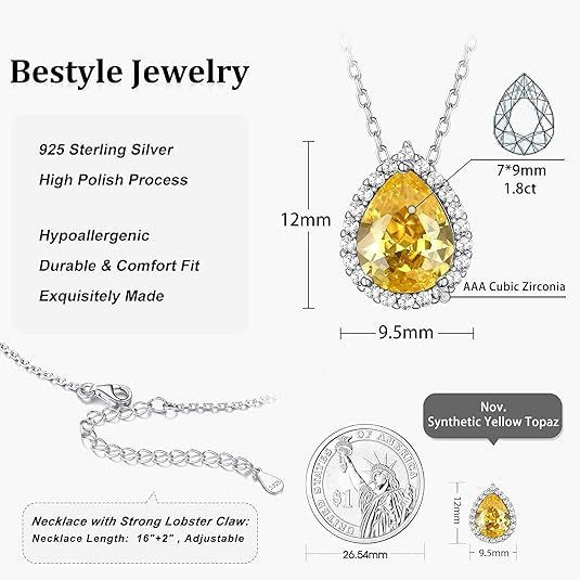 Sparkling 925 Sterling Silver Birthstone Necklaces for Women, Created Heart/Round/Teardrop/Square Crystal Solitaire Pendant Diamond Necklace, Great Birthday/Anniversary/Wedding Gifts