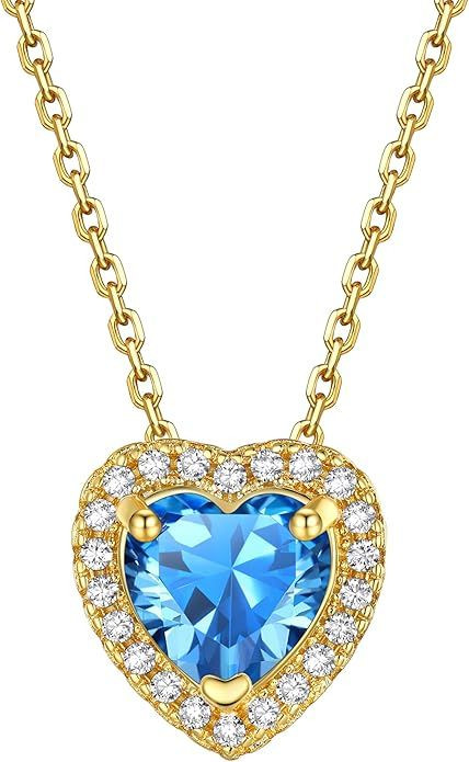 Sparkling 925 Sterling Silver Birthstone Necklaces for Women, Created Heart/Round/Teardrop/Square Crystal Solitaire Pendant Diamond Necklace, Great Birthday/Anniversary/Wedding Gifts
