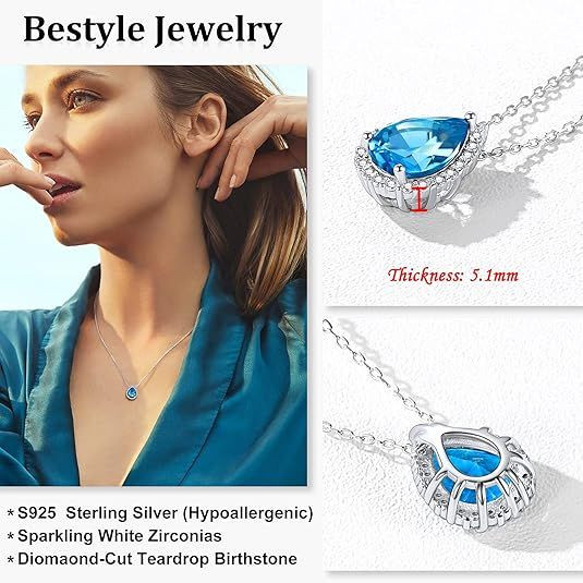 Sparkling 925 Sterling Silver Birthstone Necklaces for Women, Created Heart/Round/Teardrop/Square Crystal Solitaire Pendant Diamond Necklace, Great Birthday/Anniversary/Wedding Gifts