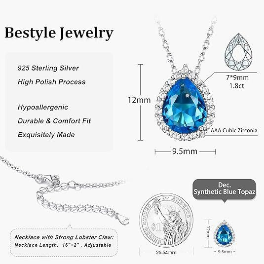 Sparkling 925 Sterling Silver Birthstone Necklaces for Women, Created Heart/Round/Teardrop/Square Crystal Solitaire Pendant Diamond Necklace, Great Birthday/Anniversary/Wedding Gifts