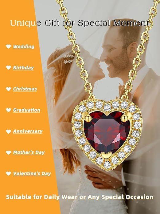 Sparkling 925 Sterling Silver Birthstone Necklaces for Women, Created Heart/Round/Teardrop/Square Crystal Solitaire Pendant Diamond Necklace, Great Birthday/Anniversary/Wedding Gifts