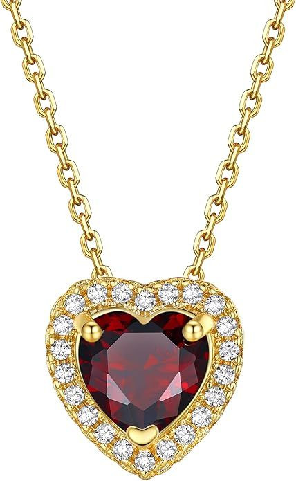 Sparkling 925 Sterling Silver Birthstone Necklaces for Women, Created Heart/Round/Teardrop/Square Crystal Solitaire Pendant Diamond Necklace, Great Birthday/Anniversary/Wedding Gifts
