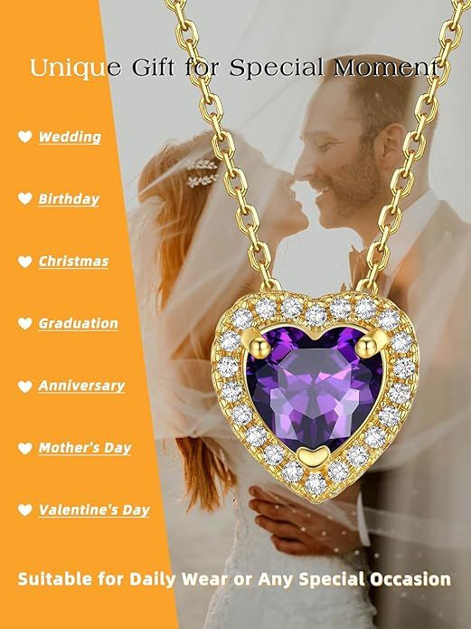Sparkling 925 Sterling Silver Birthstone Necklaces for Women, Created Heart/Round/Teardrop/Square Crystal Solitaire Pendant Diamond Necklace, Great Birthday/Anniversary/Wedding Gifts