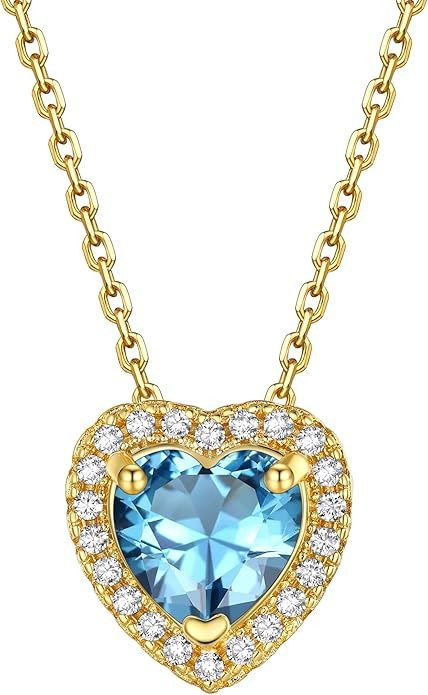Sparkling 925 Sterling Silver Birthstone Necklaces for Women, Created Heart/Round/Teardrop/Square Crystal Solitaire Pendant Diamond Necklace, Great Birthday/Anniversary/Wedding Gifts