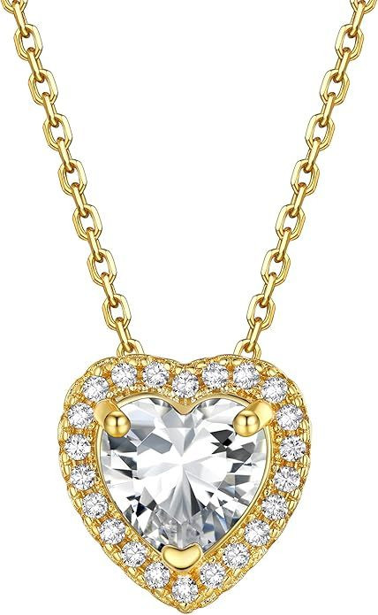 Sparkling 925 Sterling Silver Birthstone Necklaces for Women, Created Heart/Round/Teardrop/Square Crystal Solitaire Pendant Diamond Necklace, Great Birthday/Anniversary/Wedding Gifts