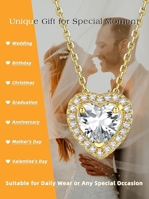 Sparkling 925 Sterling Silver Birthstone Necklaces for Women, Created Heart/Round/Teardrop/Square Crystal Solitaire Pendant Diamond Necklace, Great Birthday/Anniversary/Wedding Gifts