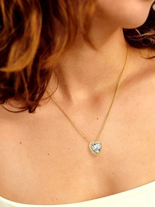 Sparkling 925 Sterling Silver Birthstone Necklaces for Women, Created Heart/Round/Teardrop/Square Crystal Solitaire Pendant Diamond Necklace, Great Birthday/Anniversary/Wedding Gifts