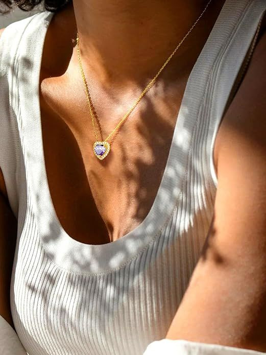 Sparkling 925 Sterling Silver Birthstone Necklaces for Women, Created Heart/Round/Teardrop/Square Crystal Solitaire Pendant Diamond Necklace, Great Birthday/Anniversary/Wedding Gifts