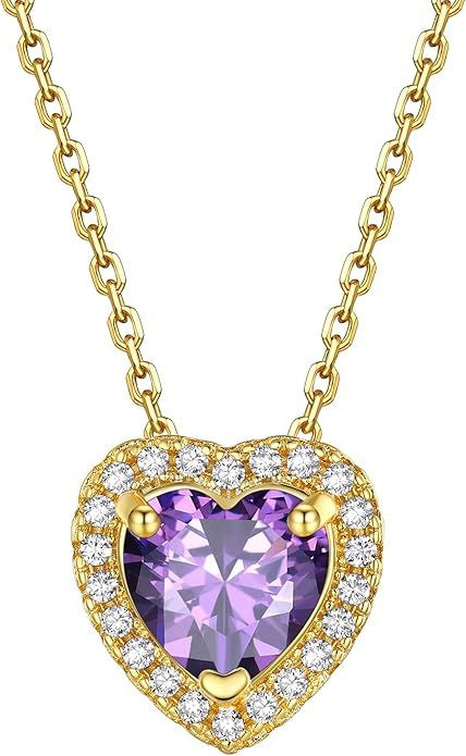 Sparkling 925 Sterling Silver Birthstone Necklaces for Women, Created Heart/Round/Teardrop/Square Crystal Solitaire Pendant Diamond Necklace, Great Birthday/Anniversary/Wedding Gifts