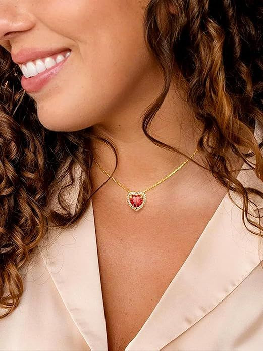 Sparkling 925 Sterling Silver Birthstone Necklaces for Women, Created Heart/Round/Teardrop/Square Crystal Solitaire Pendant Diamond Necklace, Great Birthday/Anniversary/Wedding Gifts