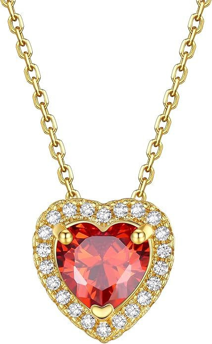 Sparkling 925 Sterling Silver Birthstone Necklaces for Women, Created Heart/Round/Teardrop/Square Crystal Solitaire Pendant Diamond Necklace, Great Birthday/Anniversary/Wedding Gifts