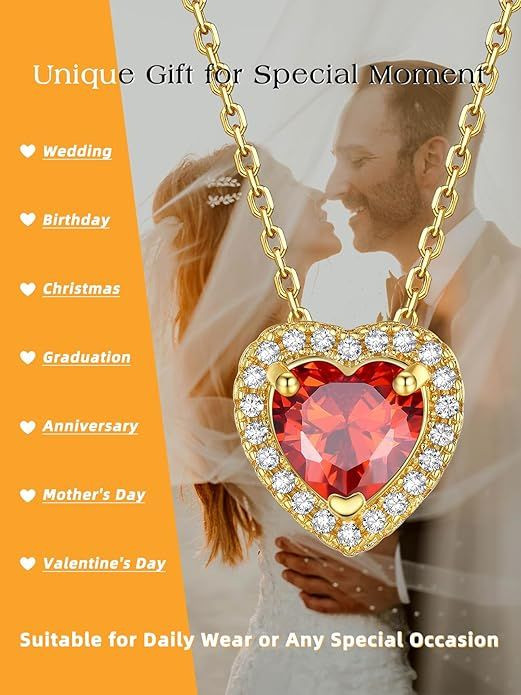 Sparkling 925 Sterling Silver Birthstone Necklaces for Women, Created Heart/Round/Teardrop/Square Crystal Solitaire Pendant Diamond Necklace, Great Birthday/Anniversary/Wedding Gifts