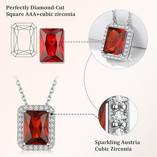 Sparkling 925 Sterling Silver Birthstone Necklaces for Women, Created Heart/Round/Teardrop/Square Crystal Solitaire Pendant Diamond Necklace, Great Birthday/Anniversary/Wedding Gifts