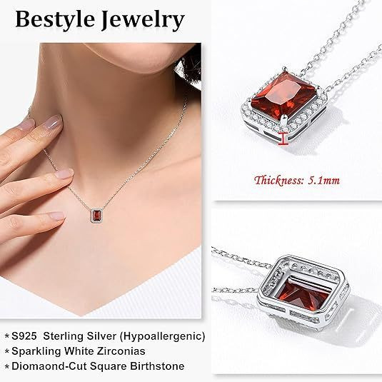 Sparkling 925 Sterling Silver Birthstone Necklaces for Women, Created Heart/Round/Teardrop/Square Crystal Solitaire Pendant Diamond Necklace, Great Birthday/Anniversary/Wedding Gifts