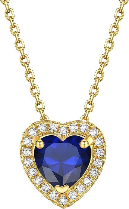 Sparkling 925 Sterling Silver Birthstone Necklaces for Women, Created Heart/Round/Teardrop/Square Crystal Solitaire Pendant Diamond Necklace, Great Birthday/Anniversary/Wedding Gifts