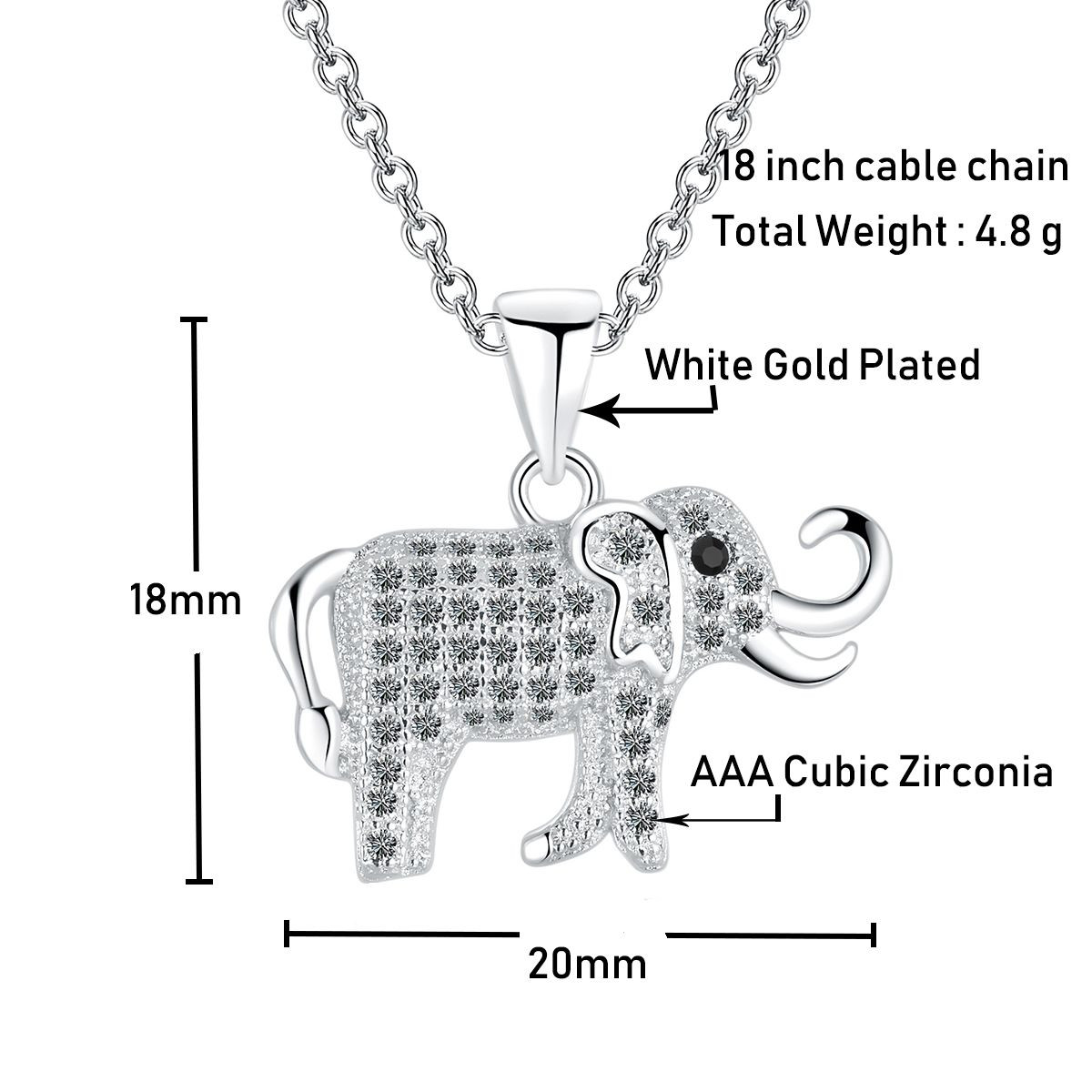 Emma Manor 14k White Gold Plated Cubic Zirconia Elephant Pendant Necklace