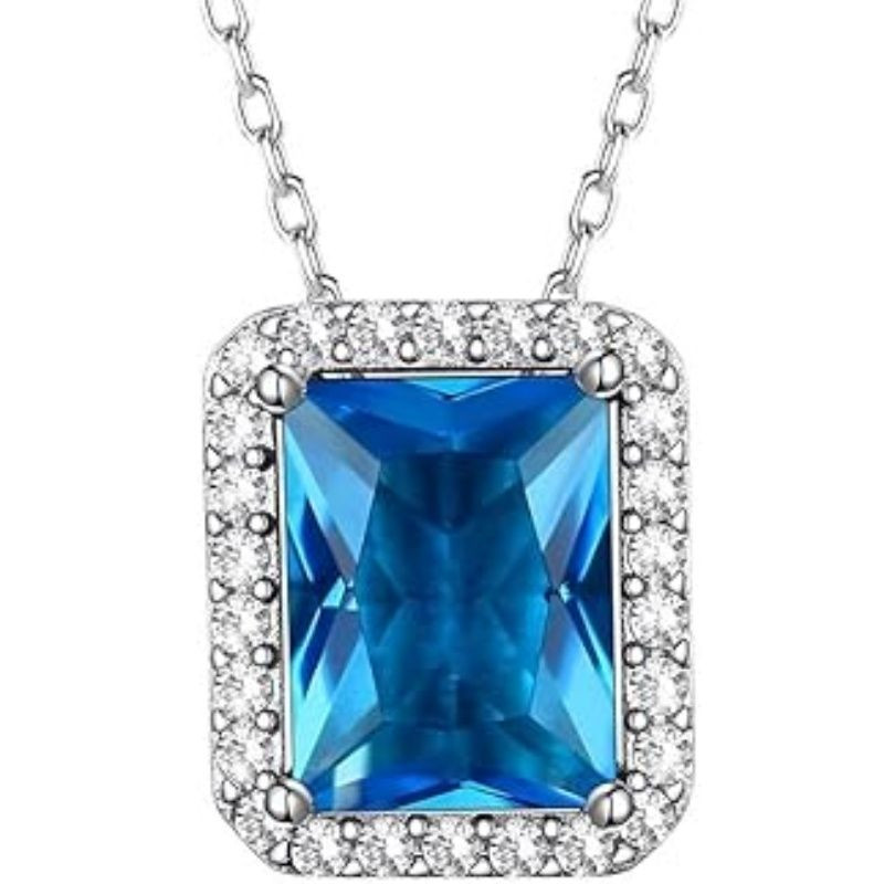 Sparkling 925 Sterling Silver Birthstone Necklaces for Women, Created Heart/Round/Teardrop/Square Crystal Solitaire Pendant Diamond Necklace, Great Birthday/Anniversary/Wedding Gifts