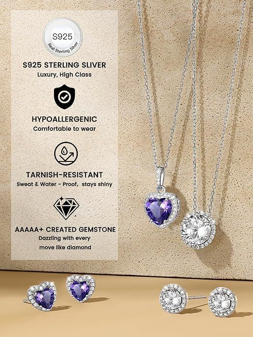 Sparkling 925 Sterling Silver Birthstone Necklaces for Women, Created Heart/Round/Teardrop/Square Crystal Solitaire Pendant Diamond Necklace, Great Birthday/Anniversary/Wedding Gifts