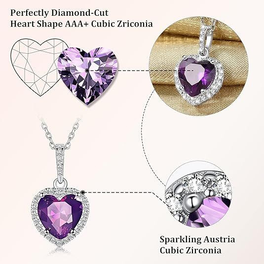 Sparkling 925 Sterling Silver Birthstone Necklaces for Women, Created Heart/Round/Teardrop/Square Crystal Solitaire Pendant Diamond Necklace, Great Birthday/Anniversary/Wedding Gifts
