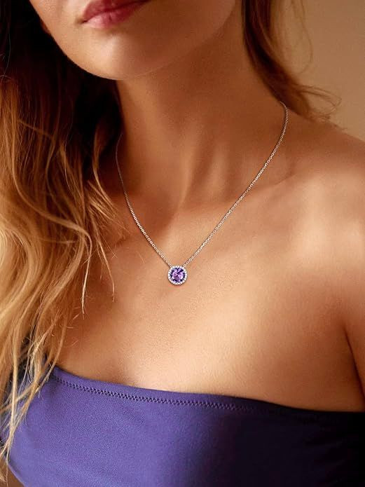 Sparkling 925 Sterling Silver Birthstone Necklaces for Women, Created Heart/Round/Teardrop/Square Crystal Solitaire Pendant Diamond Necklace, Great Birthday/Anniversary/Wedding Gifts
