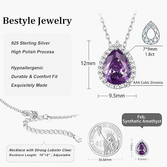 Sparkling 925 Sterling Silver Birthstone Necklaces for Women, Created Heart/Round/Teardrop/Square Crystal Solitaire Pendant Diamond Necklace, Great Birthday/Anniversary/Wedding Gifts