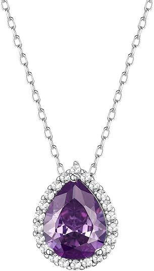 Sparkling 925 Sterling Silver Birthstone Necklaces for Women, Created Heart/Round/Teardrop/Square Crystal Solitaire Pendant Diamond Necklace, Great Birthday/Anniversary/Wedding Gifts