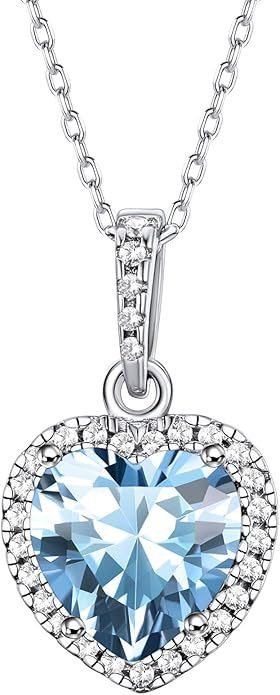Sparkling 925 Sterling Silver Birthstone Necklaces for Women, Created Heart/Round/Teardrop/Square Crystal Solitaire Pendant Diamond Necklace, Great Birthday/Anniversary/Wedding Gifts